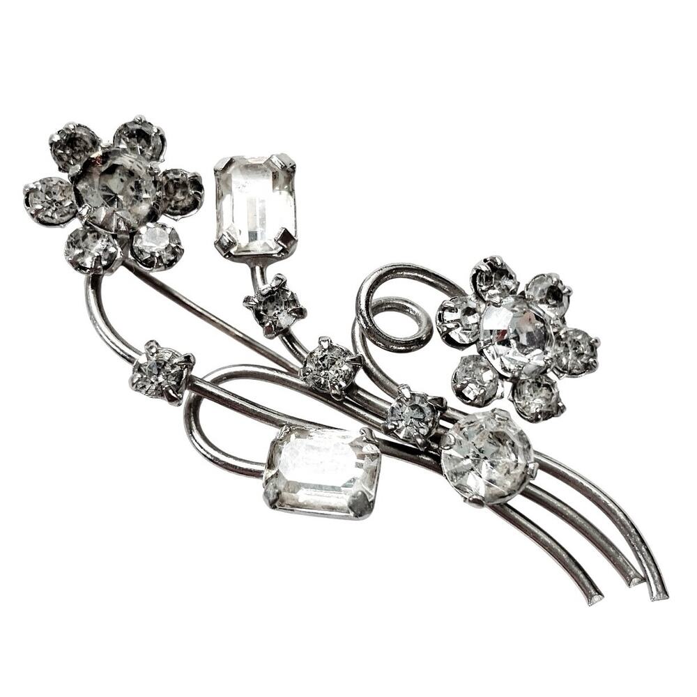 Delicate VTG Mid Century Austrian Brooch, Clear Rhinestones Floral 1950s Jewelry